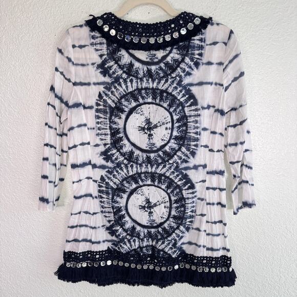 Tory Burch Tunic Womens 6 Tie Dye Mirror Embellished Boho Festival Top Beachy - Picture 2 of 12